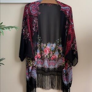 Elegant Black Floral Cape with Fringe